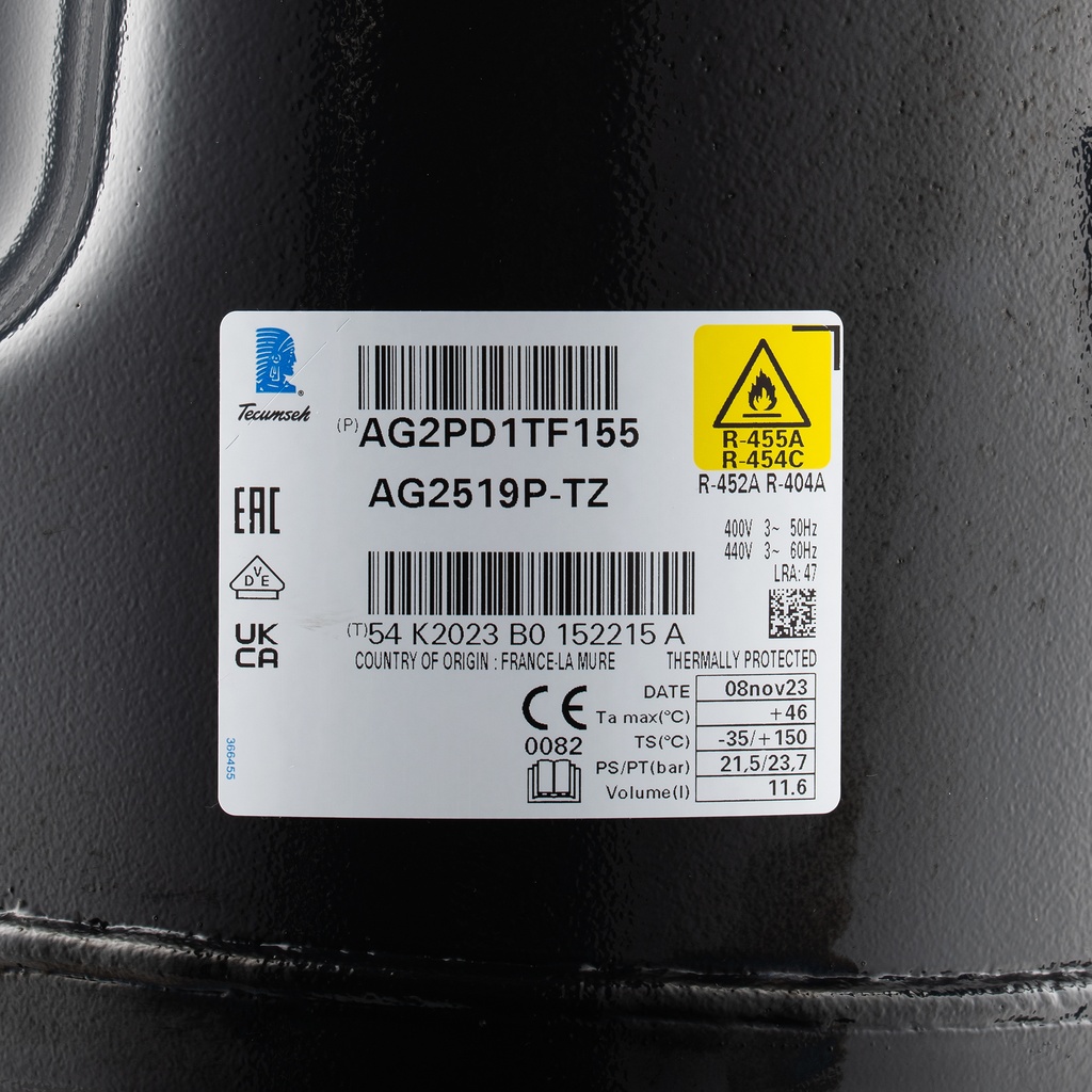 Compressor R404A AG2519P-TZ 124,4cm³ LBP 400V (TAG2519Z)