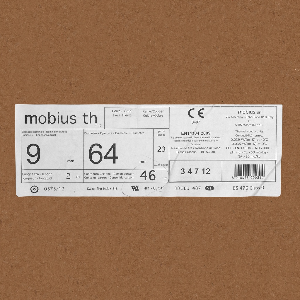 Insulation tube 9mm x 64mm (2m)  (box: 46m/23pcs)