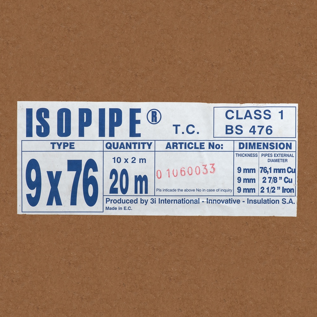 Insulation tube 9mm x 76mm (2m)  (box: 40m/20pcs)