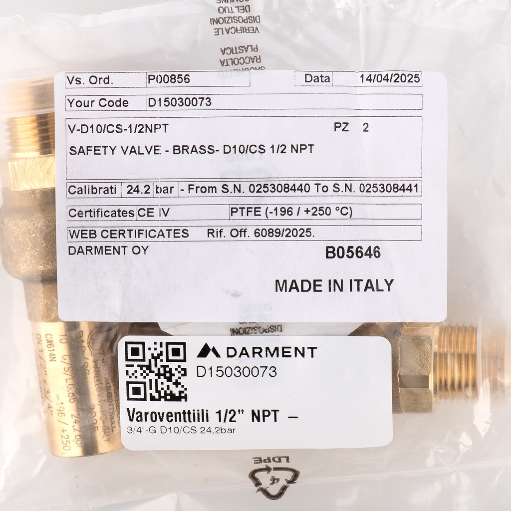 Safety valve 1/2" NPT - G 3/4" D10/CS 24,2bar