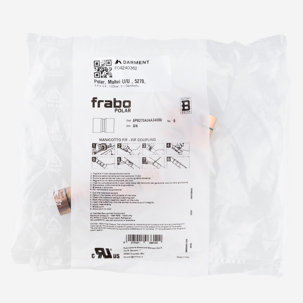 Polar, Coupler FF, 5270, 3/4"x 3/4", 130bar, 3.1 Certificate