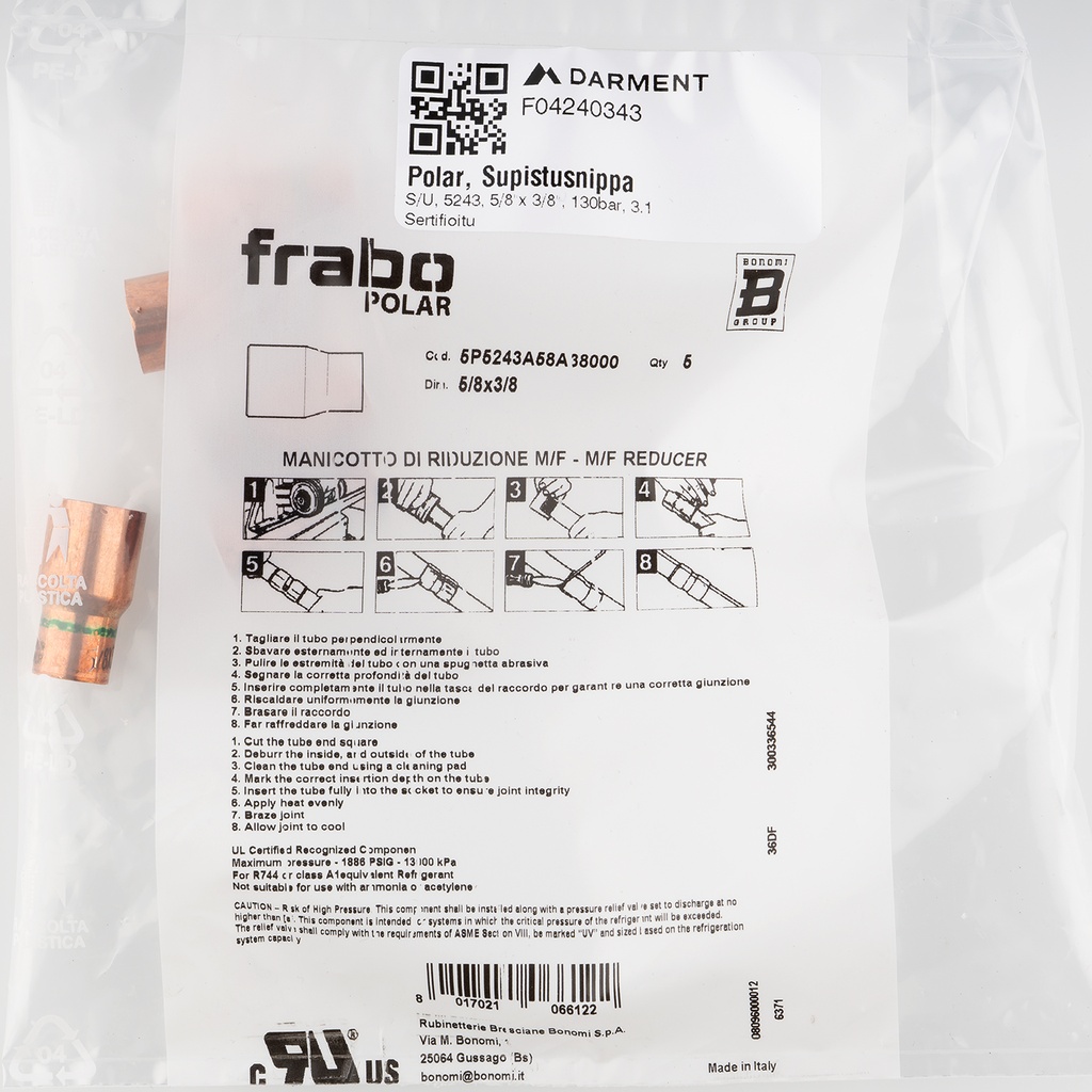 Polar, Reducing Coupler MF, 5243, 5/8"x 3/8", 130bar, 3.1 Certificate
