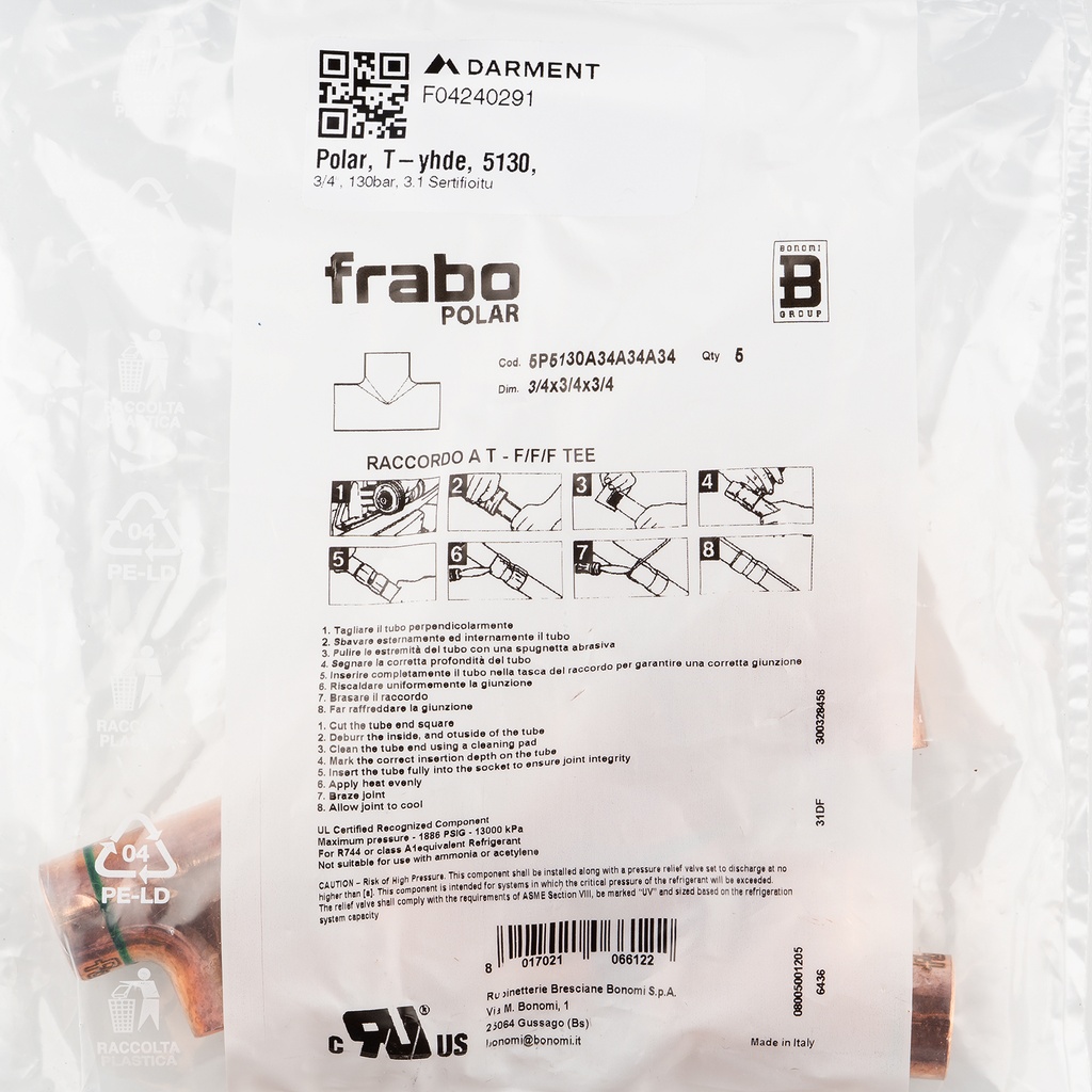 Polar, Equal Tee, 5130, 3/4"x 3/4"x 3/4", 130bar, 3.1 Certificate